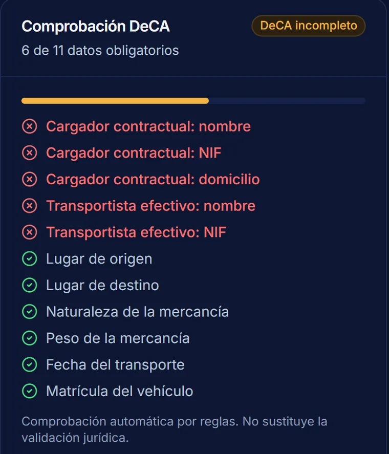 Comprobación DeCA de un albarán en la plataforma: 6 de 11 datos obligatorios, con los que faltan marcados en rojo.