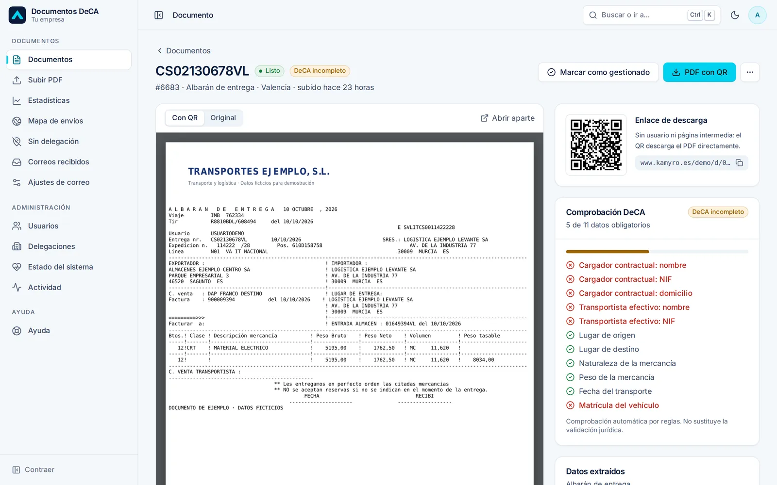 Comprobación DeCA de un albarán nacional: la lista de los 11 datos obligatorios con los que faltan marcados en rojo, junto al PDF con su QR.
