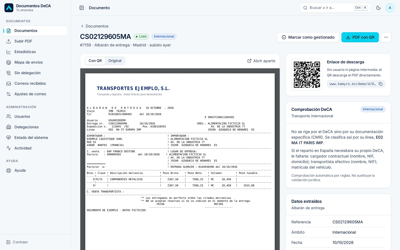 Detalle de un albarán internacional: el PDF con su QR y el enlace de descarga directa, sin usuarios ni contraseñas.