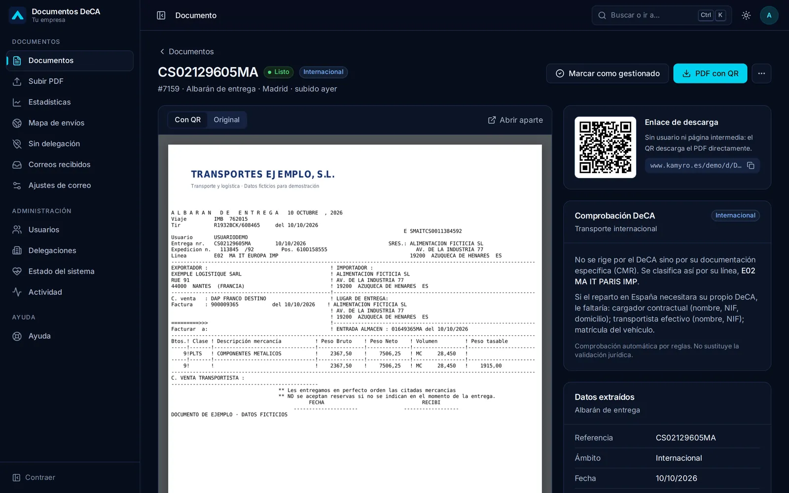 Detalle de un albarán internacional: el PDF con su QR y el enlace de descarga directa, sin usuarios ni contraseñas.