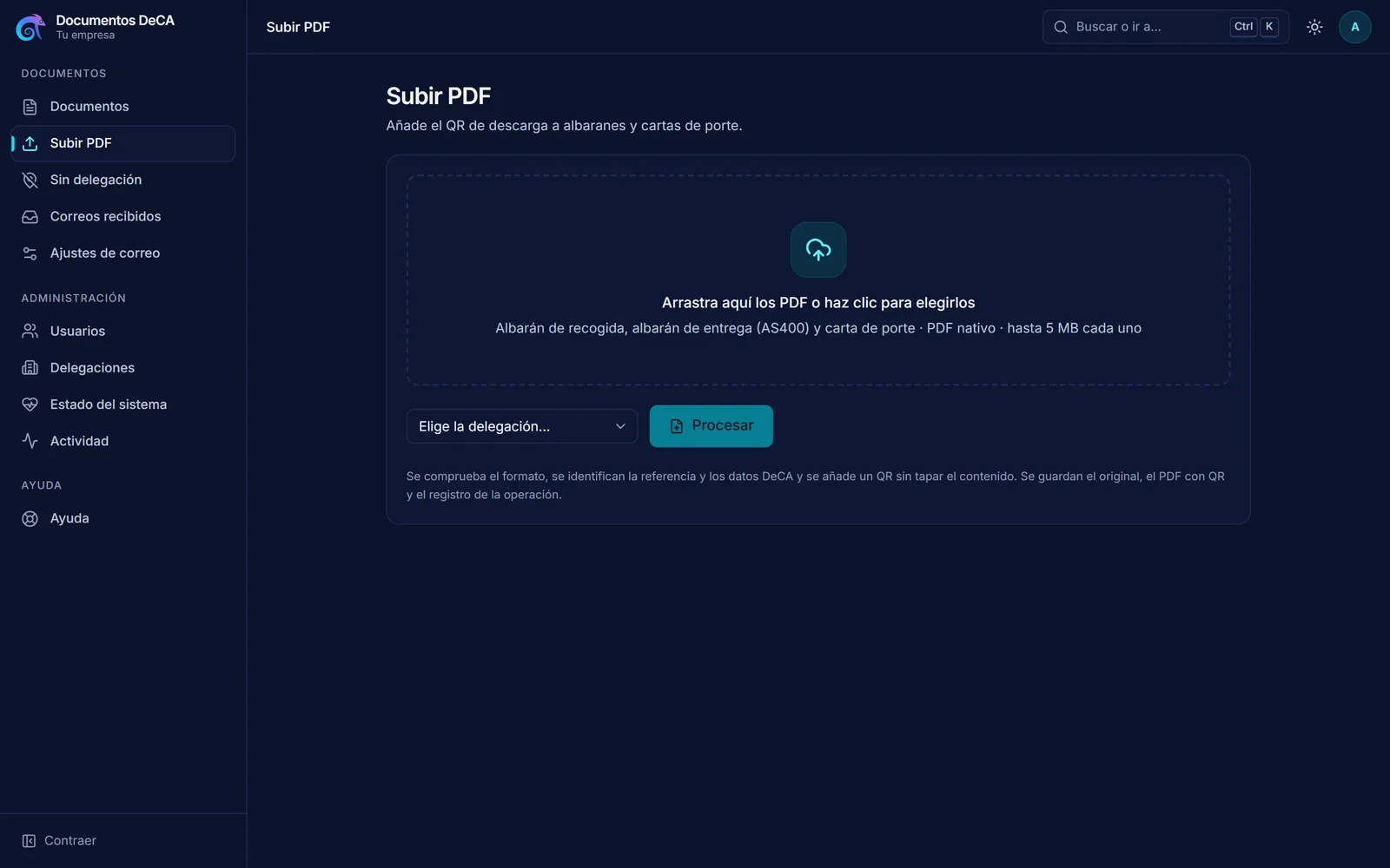 Pantalla de subida: arrastrar los PDF, elegir la delegación y procesar.