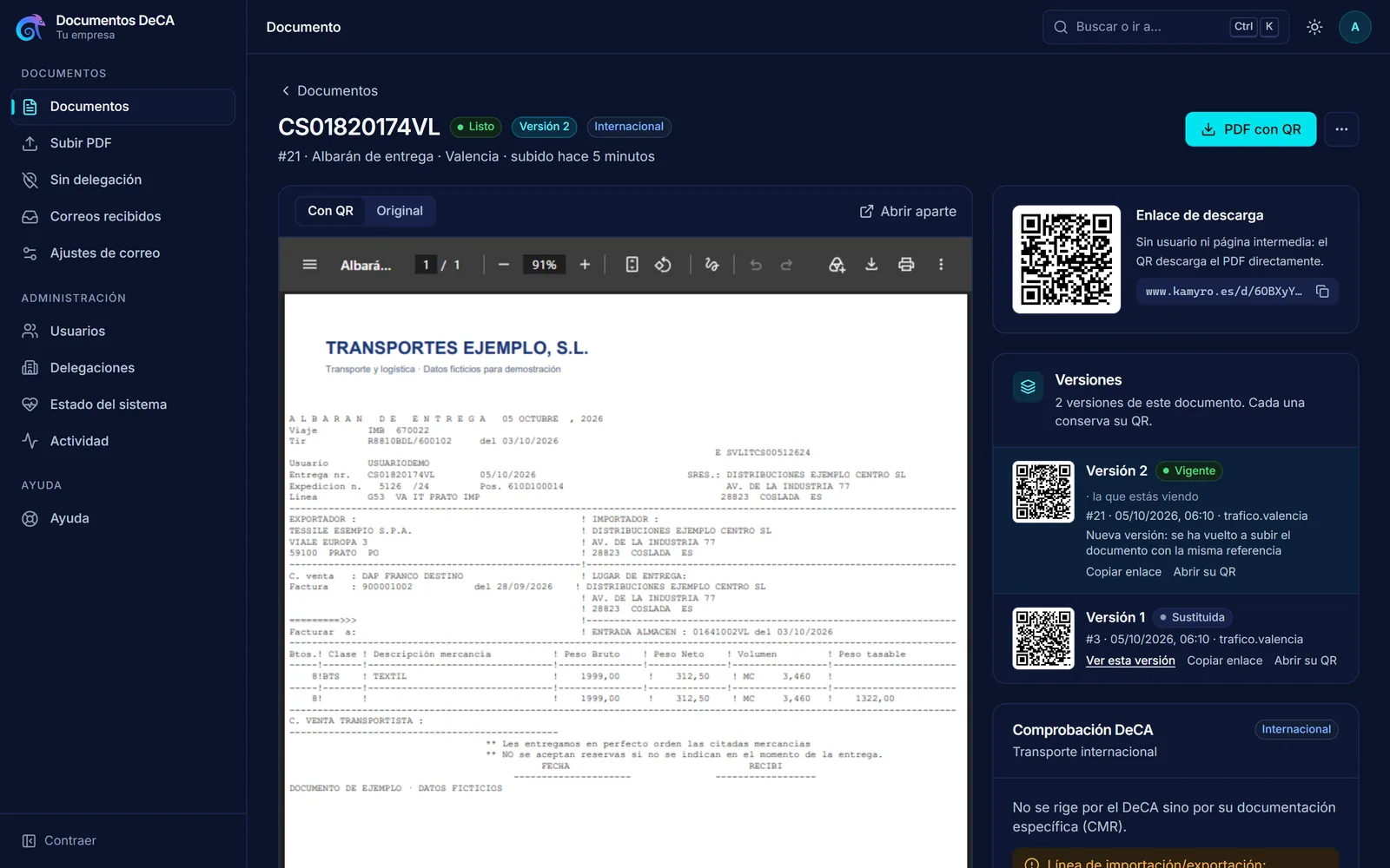 Detalle de un documento: el PDF con su QR, el enlace de descarga directa y sus dos versiones, cada una con su propio QR.